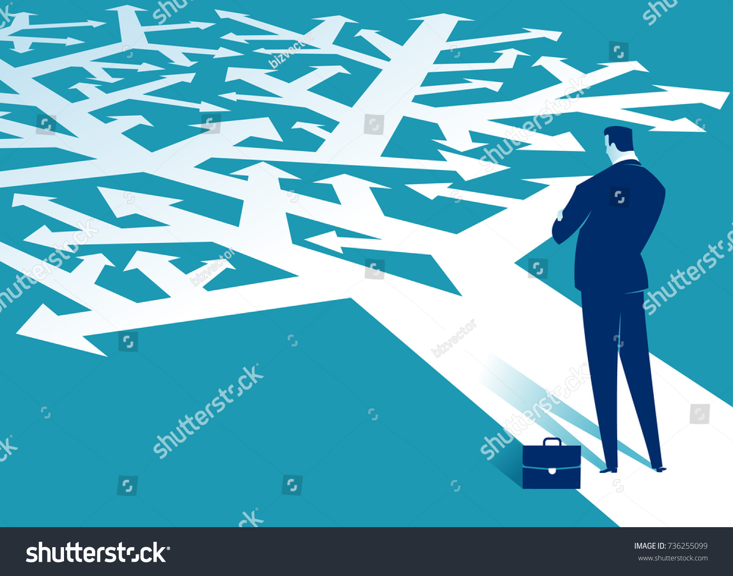 Decision Businessman Looks Arrows Pointing Many Stock Vector Royalty