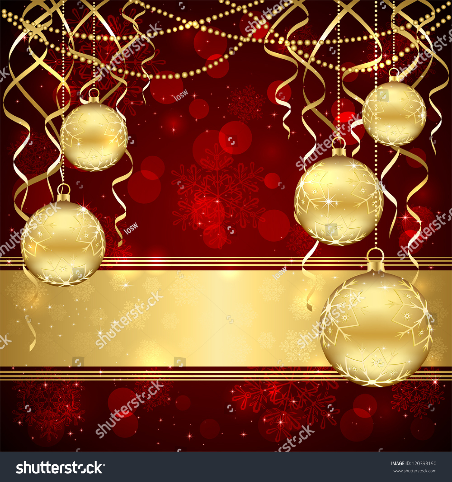 Decoration With Golden Christmas Balls On Red Background, Illustration ...