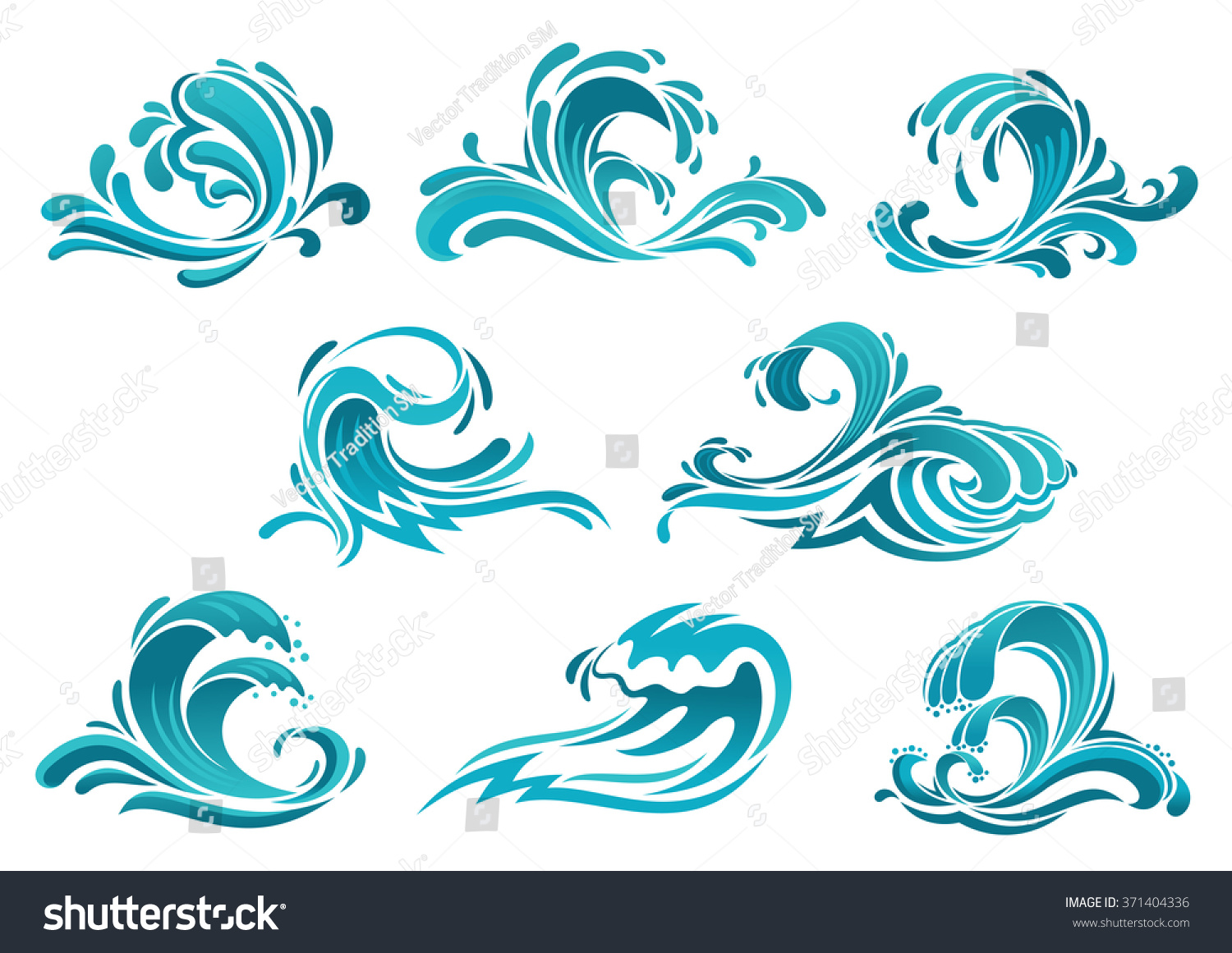 Decorative Blue Sea Waves And Surf Icons With Curls Of Powerful Water ...