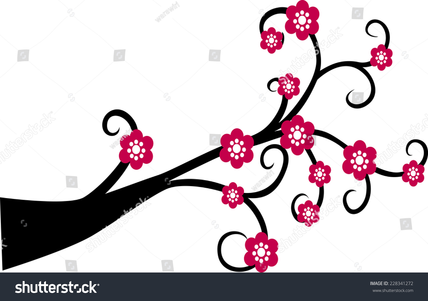 Decorative Branch Tree Silhouette Red Flower Stock Vector (Royalty Free