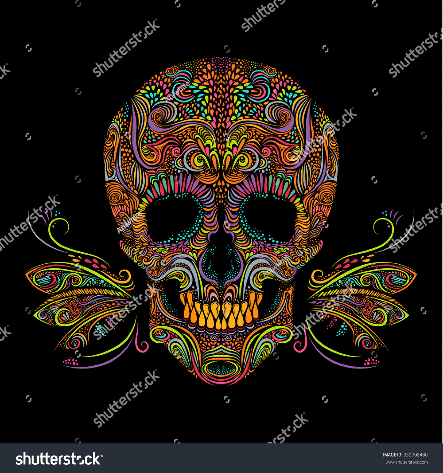 Decorative Color Skull On Black Background Stock Vector (Royalty Free ...