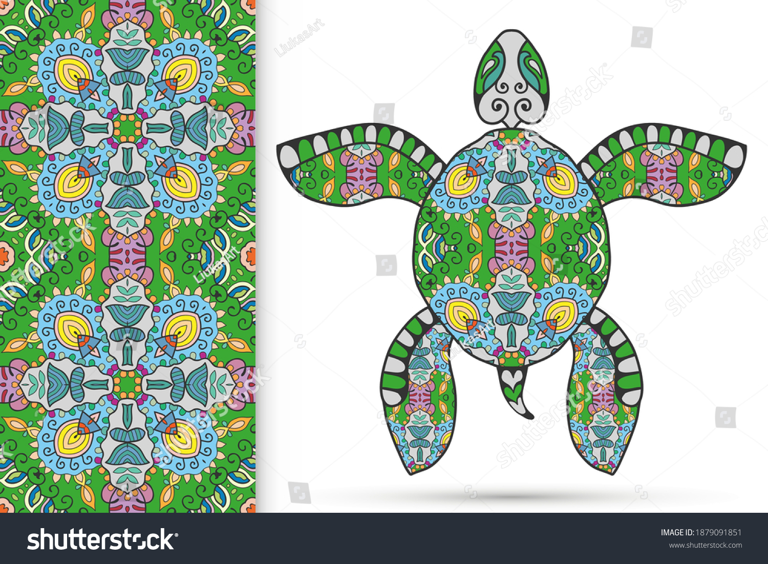 SVG of Decorative doodle turtle with ornament and colorful seamless hand drawn pattern. Tribal totem animal, isolated element for scrapbook, invitation card, book cover design, textile fabric print svg
