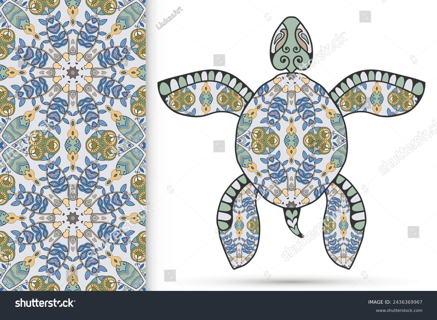 SVG of Decorative doodle turtle with ornament and colorful seamless hand drawn pattern. Tribal totem animal, isolated element for scrapbook, invitation card, book cover design, textile fabric print svg
