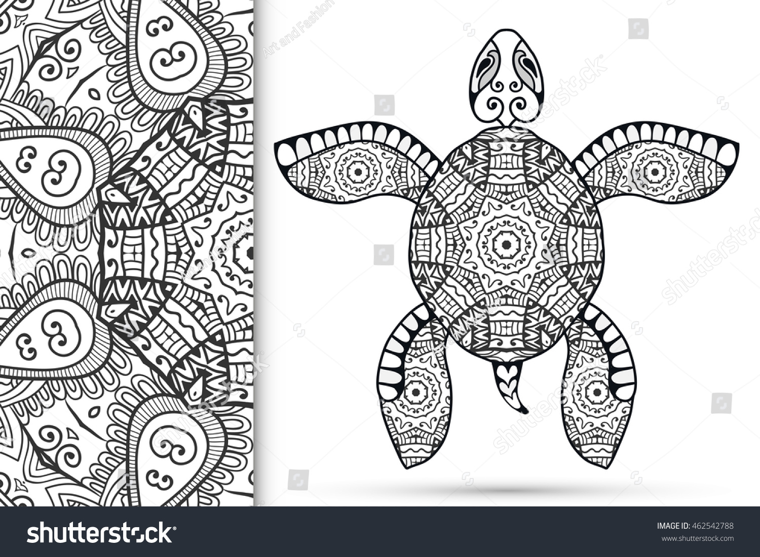 SVG of Decorative stylized sketch turtle and seamless mandala geometric pattern, vector tribal totem animal, isolated element on white background. Zentangle style art for coloring book page. svg