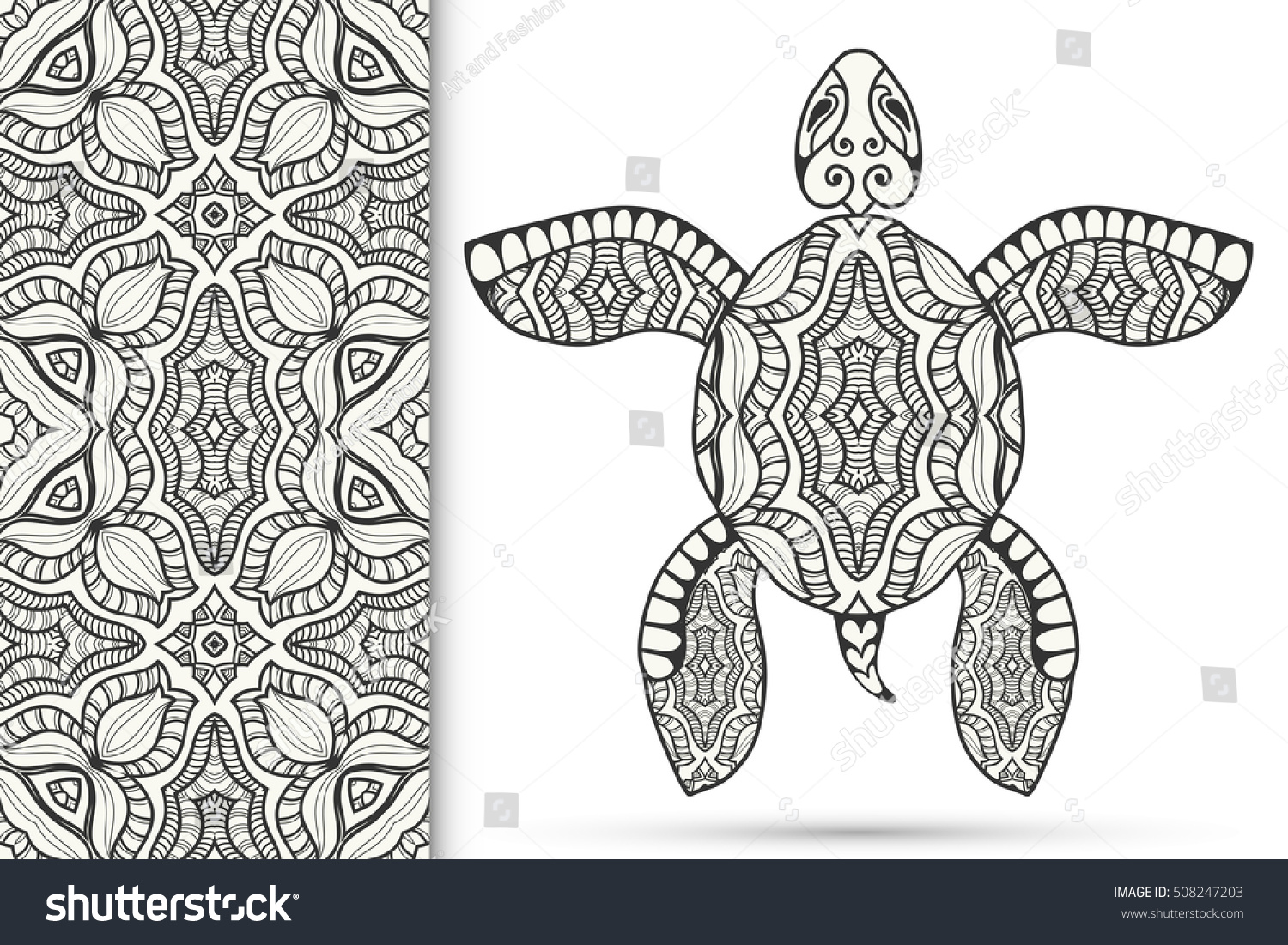 SVG of Decorative turtle with ornament and seamless doodle geometric pattern, vector tribal totem animal, isolated elements for coloring book page, invitation or greeting card design svg