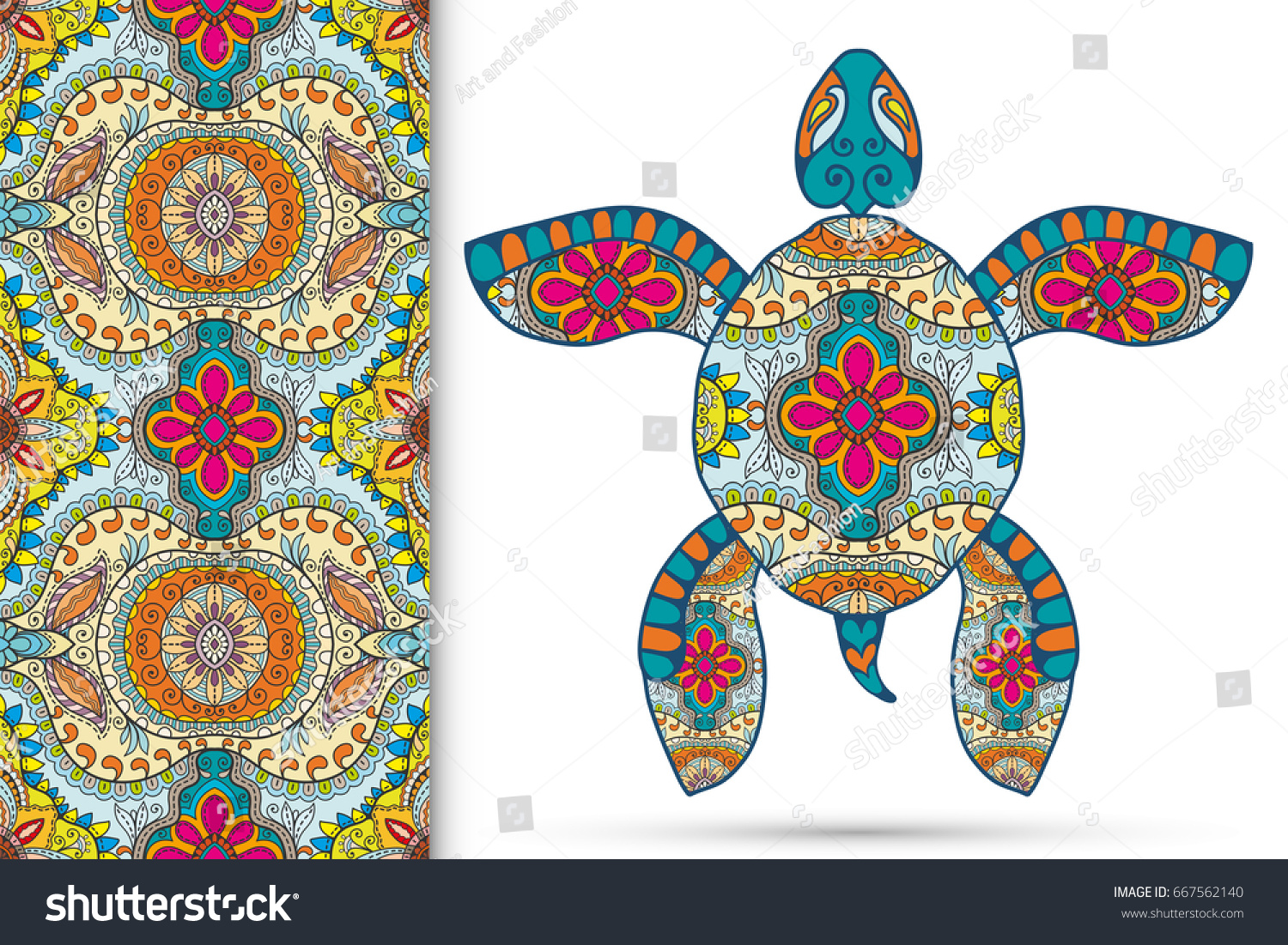 SVG of Decorative turtle with ornament and seamless floral geometric pattern, vector tribal totem animal, isolated elements for scrapbook, invitation or greeting card design svg