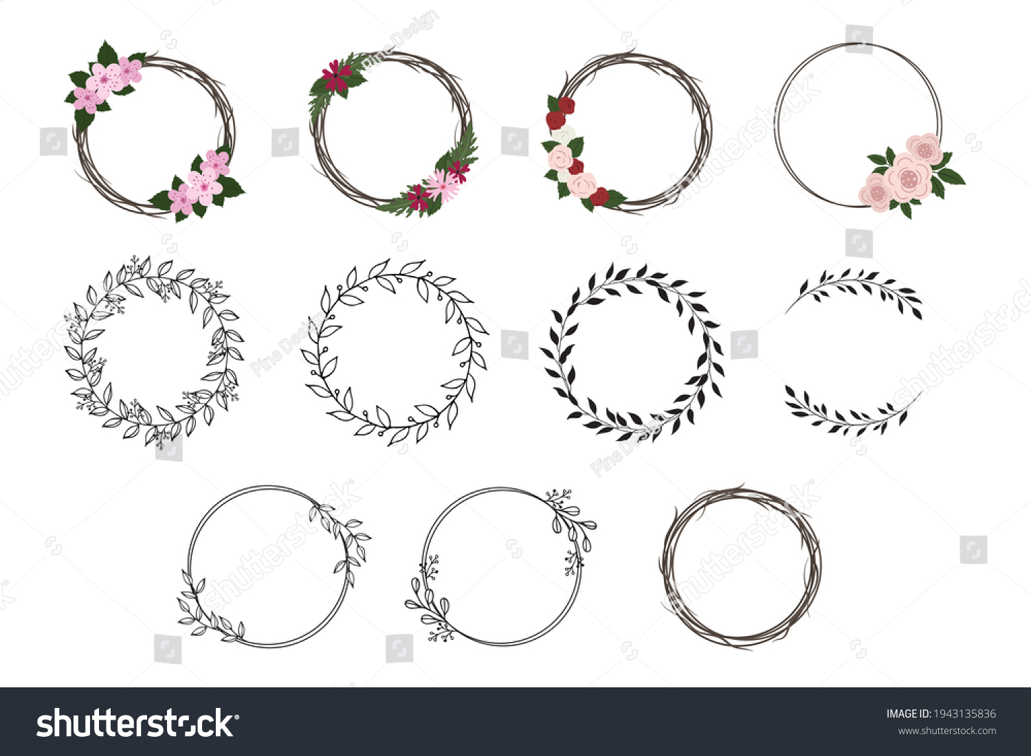 SVG of Decorative Wreath Vector Illustration Set. Wedding invitation elements, floral wreath, round border, circle. svg