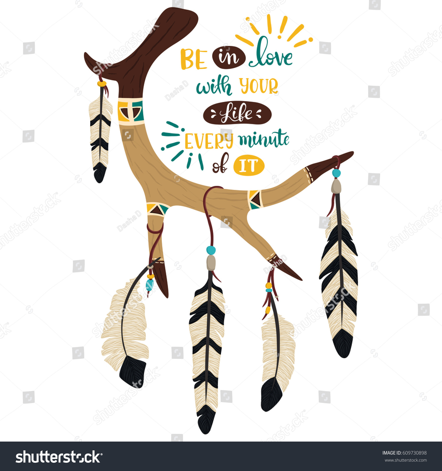 be in love with your life quotes deer antler dream catcher hand drawn stock vector