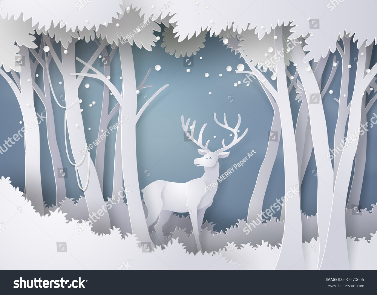 Deer Forest Snowvector Paper Art Style Stock Vector 