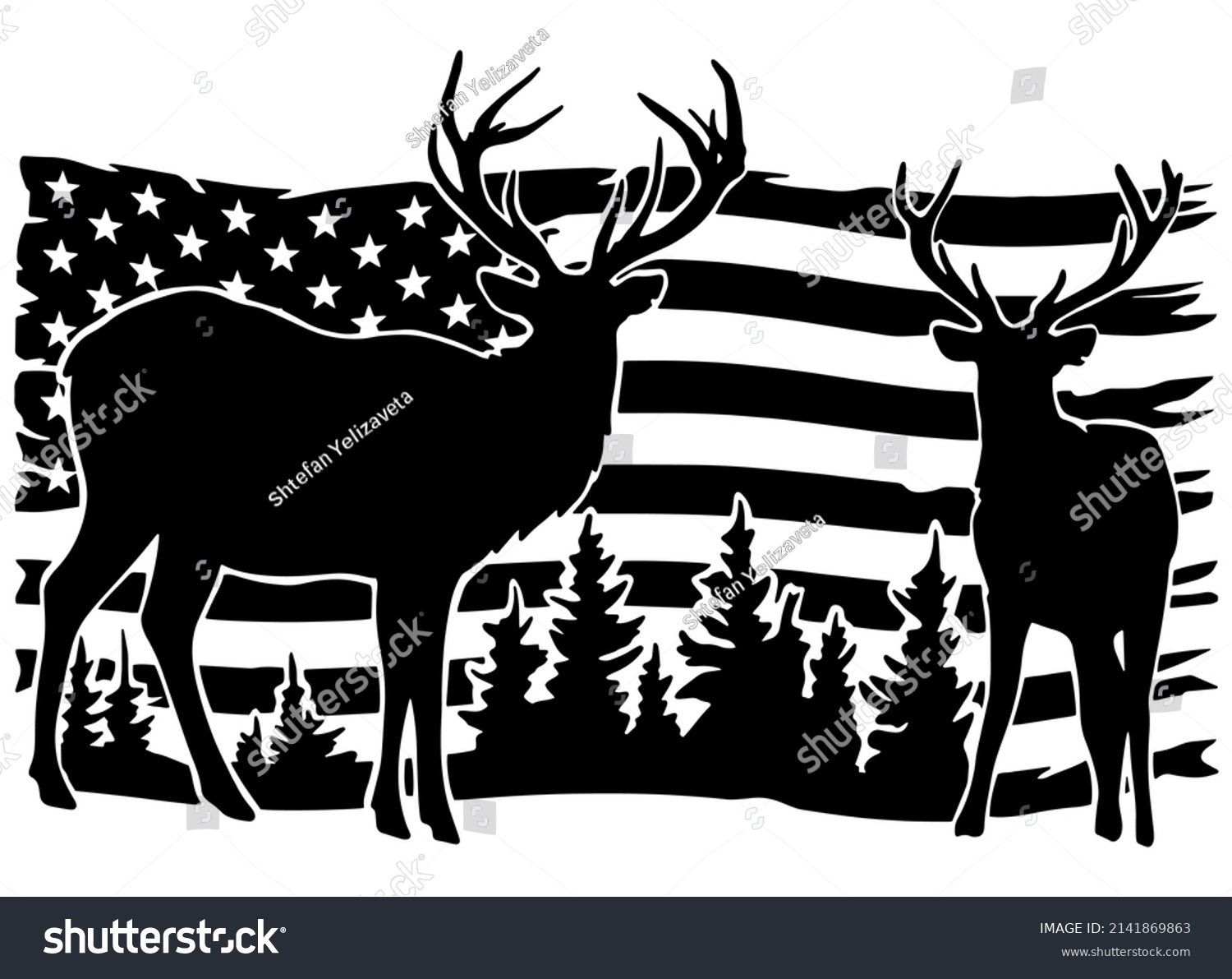 SVG of Deer on the background of the USA flag, hunting season. Vector clipart. svg
