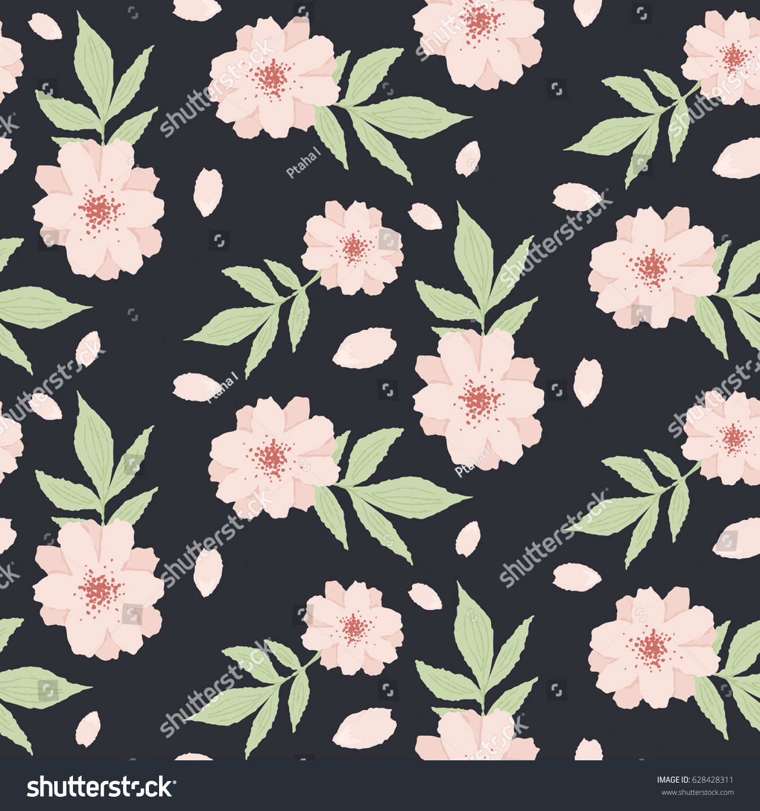 Delicate Pink Flowers Wallpaper Seamless Pattern Stock Vector