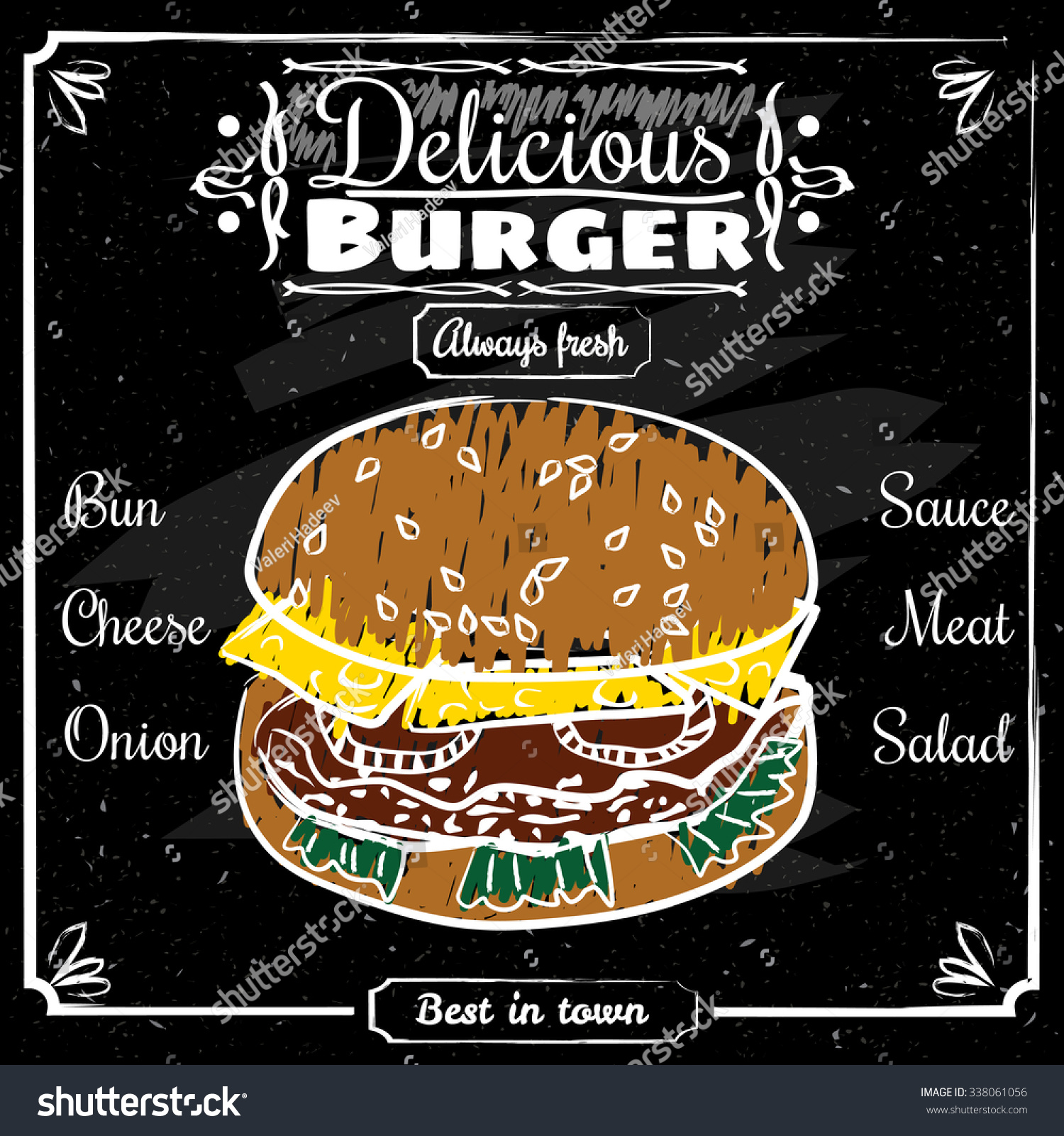 Delicious Burger Wonderful Drawn In Chalk On A Blackboard, Vintage ...