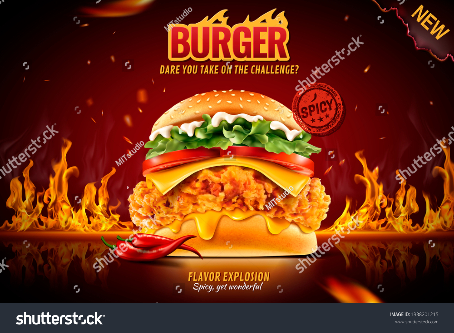 Delicious Spicy Fried Chicken Burger Ads Stock Vector Royalty Free 1338201215
