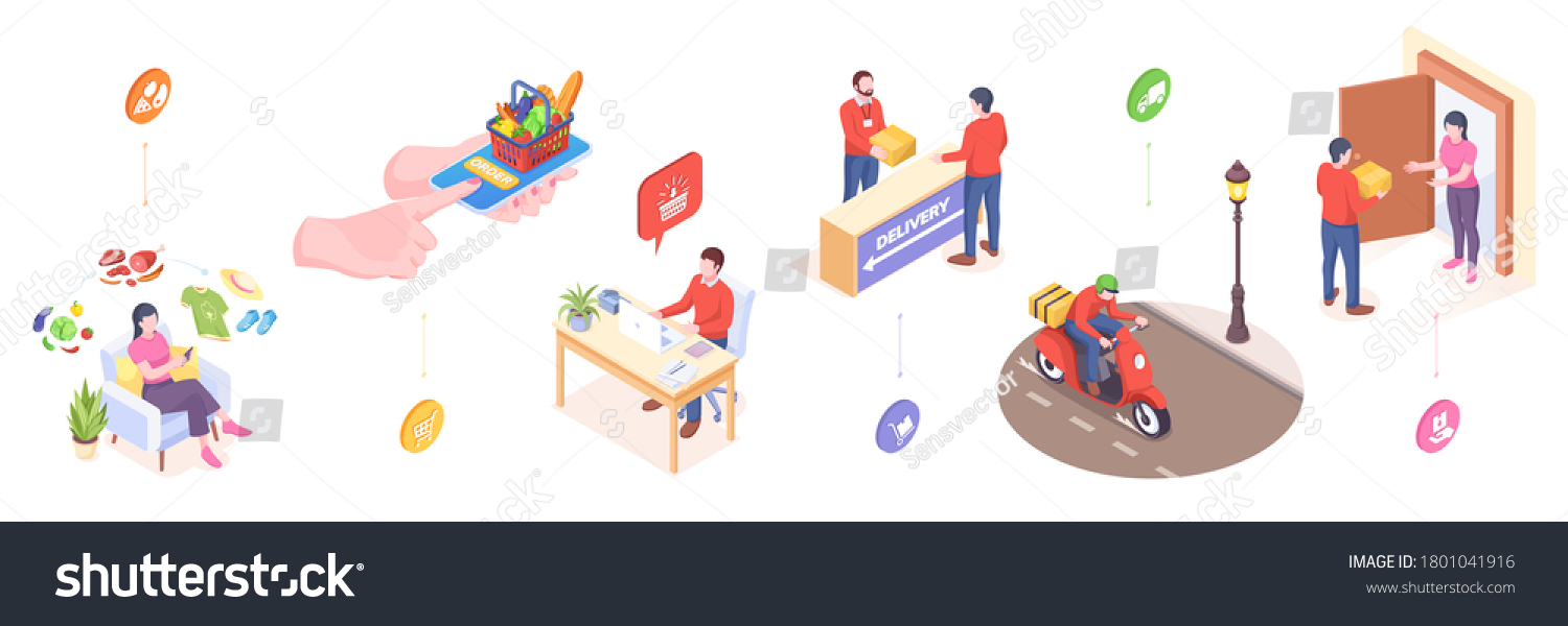SVG of Delivery and online orders service, vector isometric or flat icons of fast food in mobile phone delivery. Online shop orders delivery service, post courier, digital store and supermarket delivery svg
