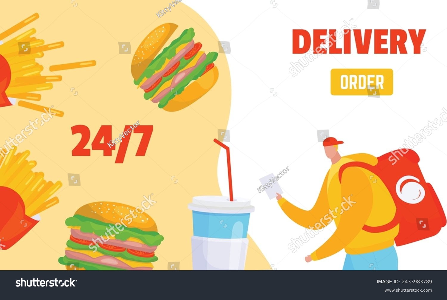 SVG of Delivery person red cap yellow jacket holding receipt near fast food items. Food delivery service concept courier, burger, fries, soda. Fast, convenient meal ordering vector illustration svg