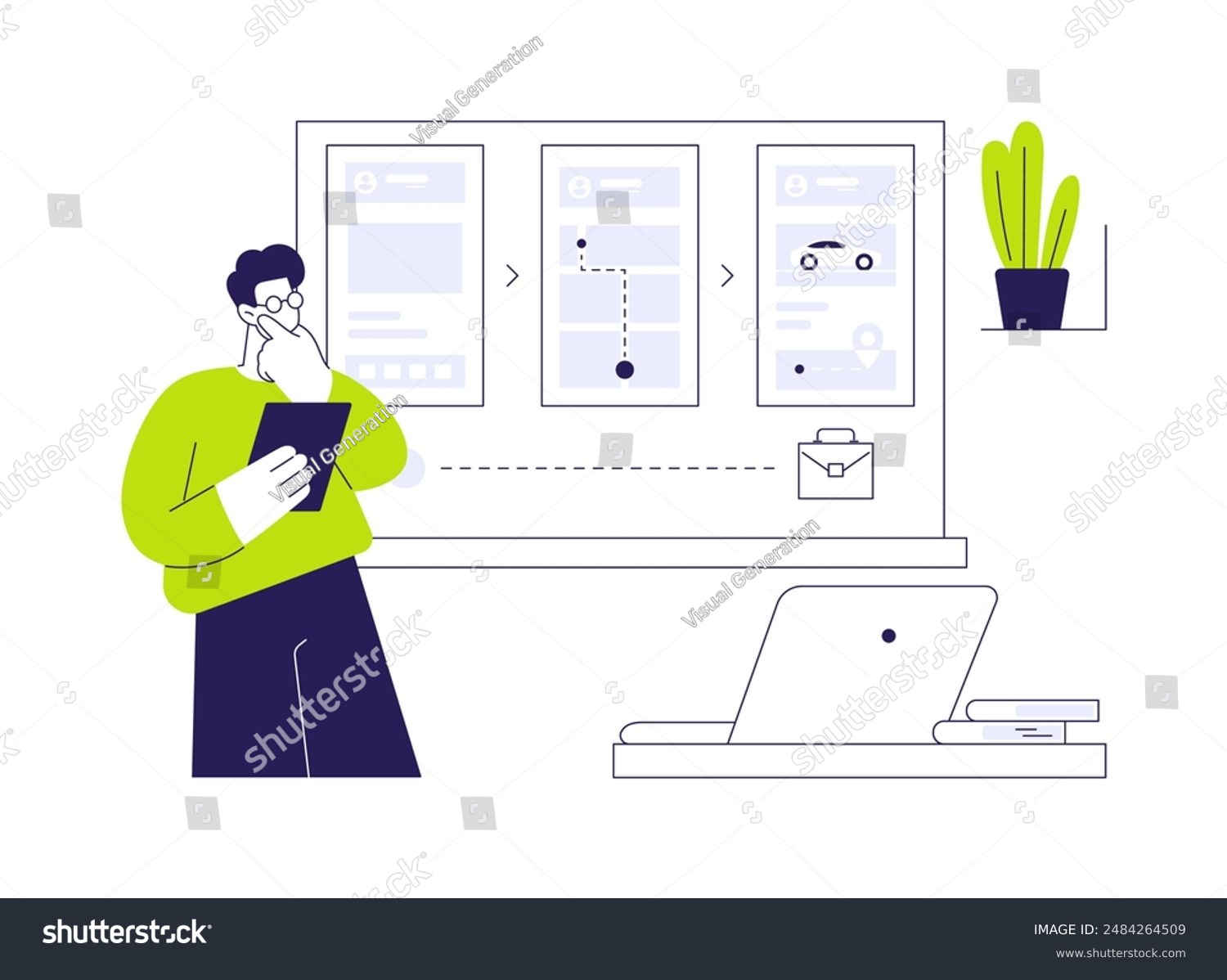 man thinking, green shirt, digital screen clip art preview