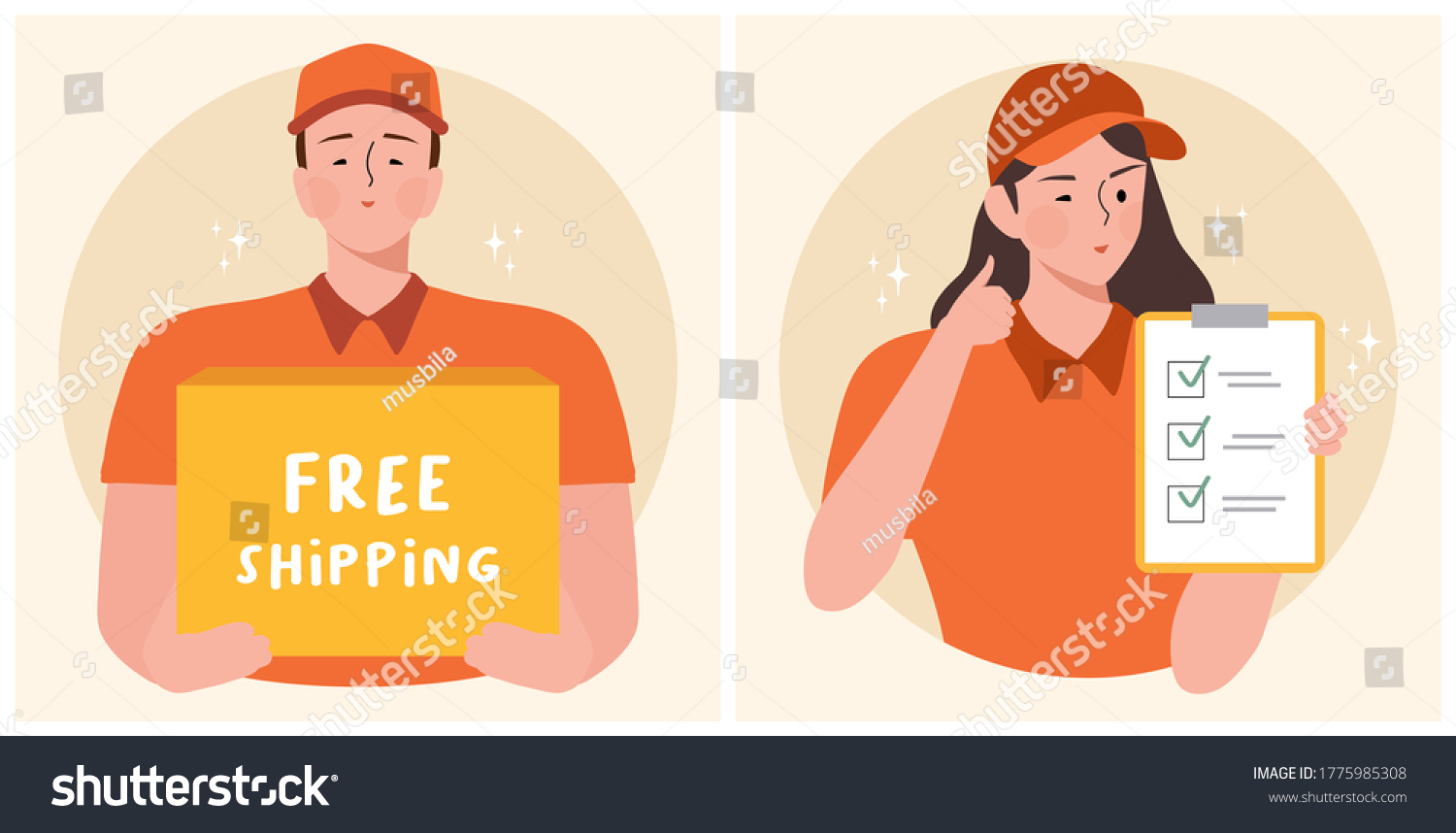 SVG of Delivery service concept. Delivery men standing with parcel post box and text space free shipping vector illustration. Female delivery service with clipboard showing thumb up. completed task concept svg