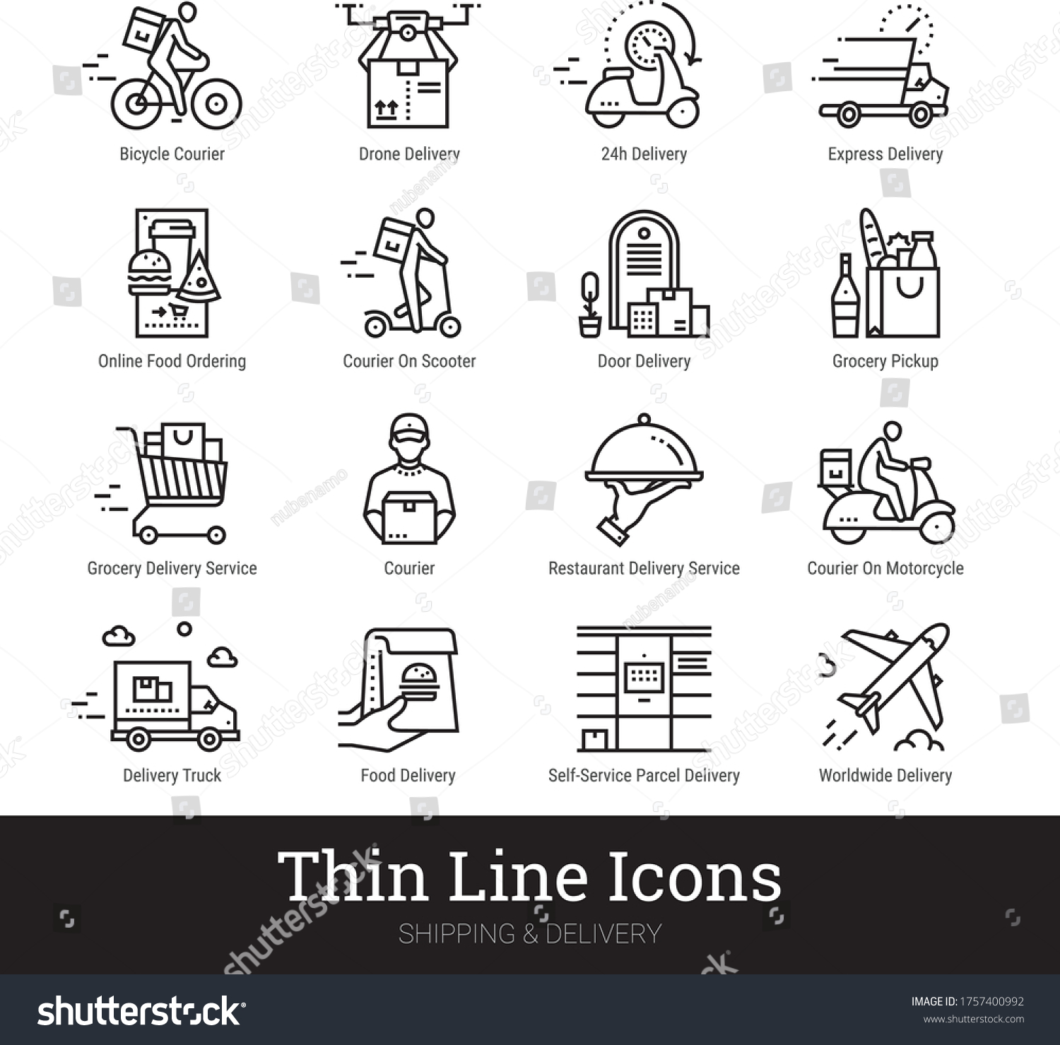 SVG of Delivery service, retail, online shopping, ecommerce thin line icons for web, mobile app. Editable stroke. Vector set include icons: contactless delivery, courier, grocery pickup, food ordering etc. svg