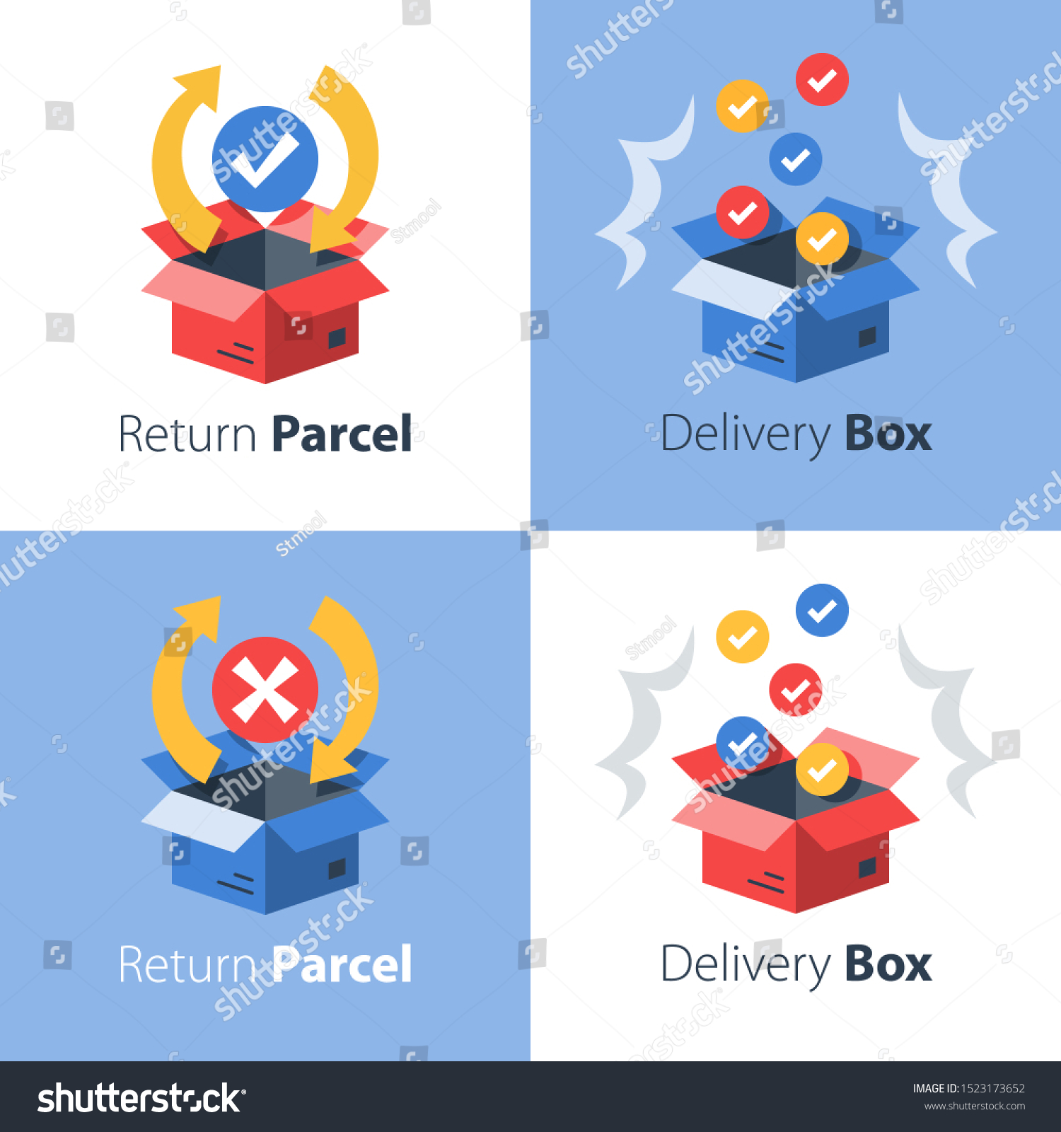 SVG of Delivery services, postal mail, receive or send parcel, cargo transportation, logistics solution, shipping and distribution concept, vector flat icon set svg