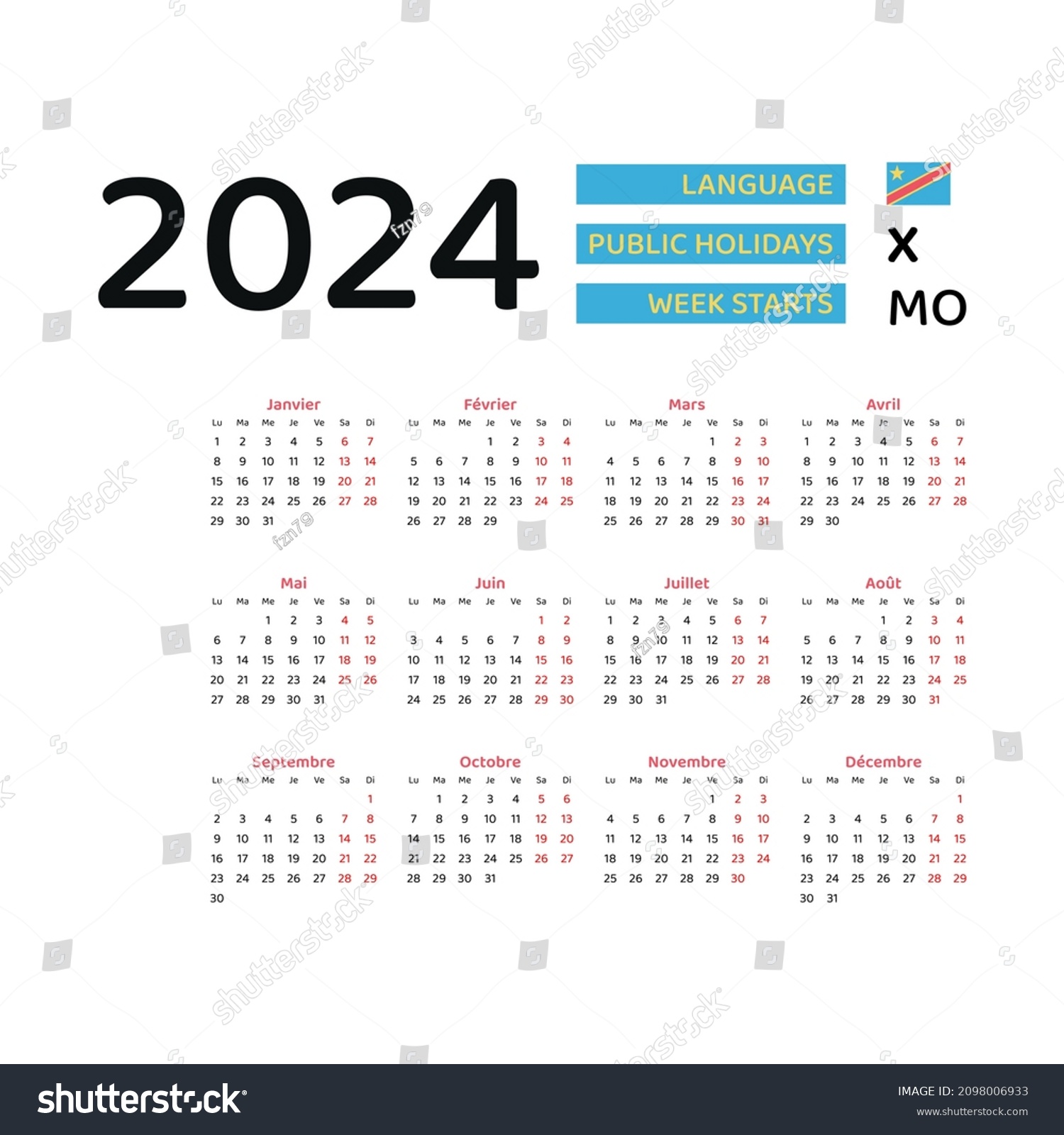 Democratic Republic Congo Calendar 2024 Week Stock Vector (Royalty Free