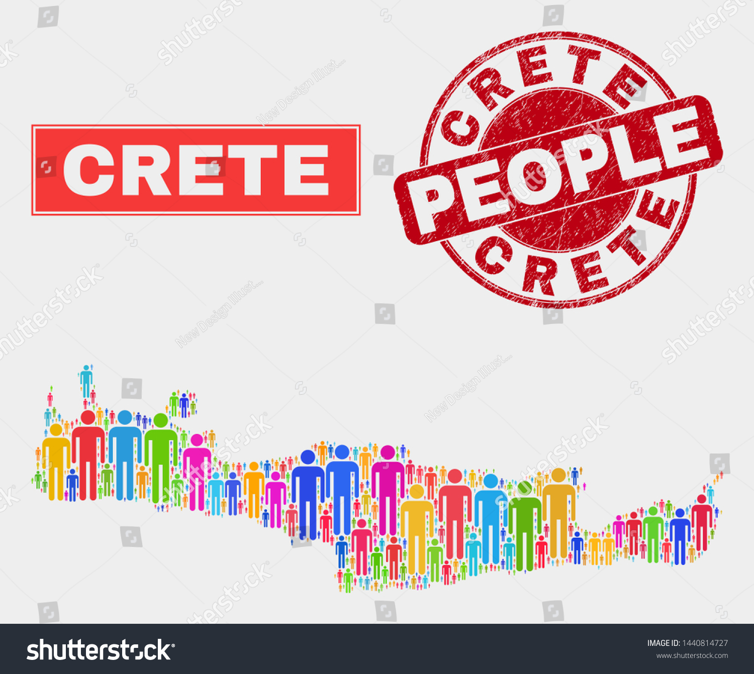 SVG of Demographic Crete map abstraction. People bright mosaic Crete map of men, and red round textured stamp seal. Vector composition for population public presentation. svg
