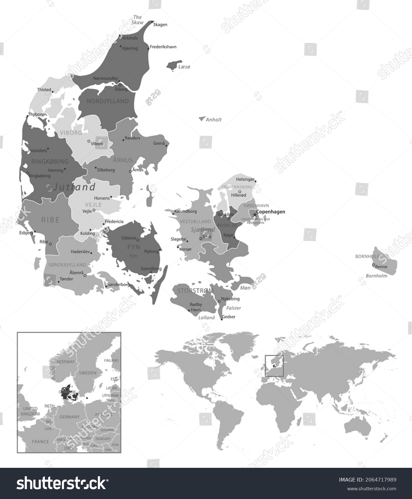 Denmark Highly Detailed Black White Map Stock Vector Royalty Free   Stock Vector Denmark Highly Detailed Black And White Map Vector Illustration 2064717989 