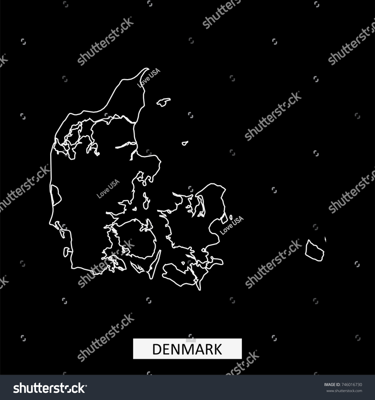 Denmark Map Vector Outline Illustration Black Stock Vector Royalty   Stock Vector Denmark Map Vector Outline Illustration In Black Background 746016730 