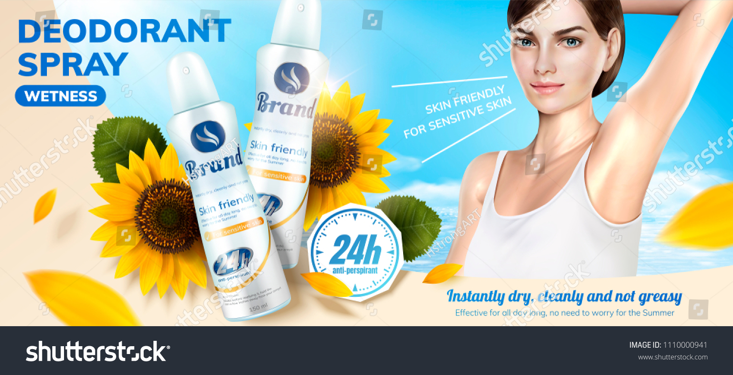 SVG of Deodorant spray ads with sunflower fragrance in 3d illustration, a beautiful model applying it svg