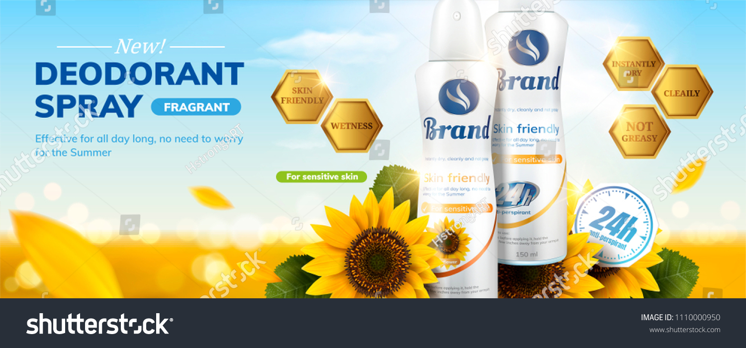 SVG of Deodorant spray ads with sunflower fragrance on sparkling bokeh background in 3d illustration svg