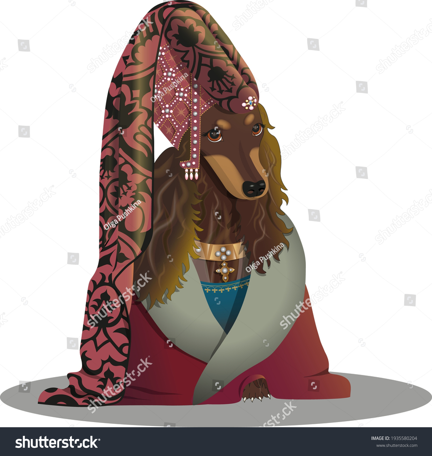 SVG of depiction of a long-haired dachshund in a female middle age costume wearing a headdress and a cloak with pearl and gold jewelry svg