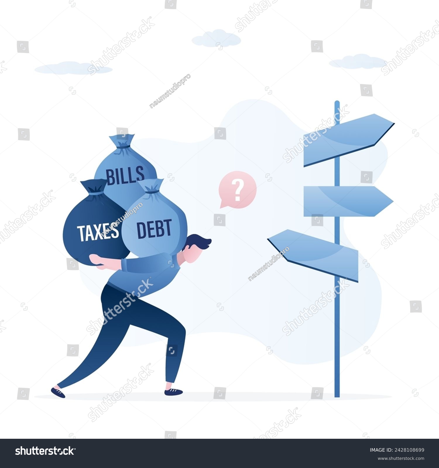 SVG of Depressed businessman carries bags of taxes, debts and bills. Financial, debt burden. Male character choose of rights ways. Economic crisis, bad money management. Bankruptcy. Flat vector illustration svg