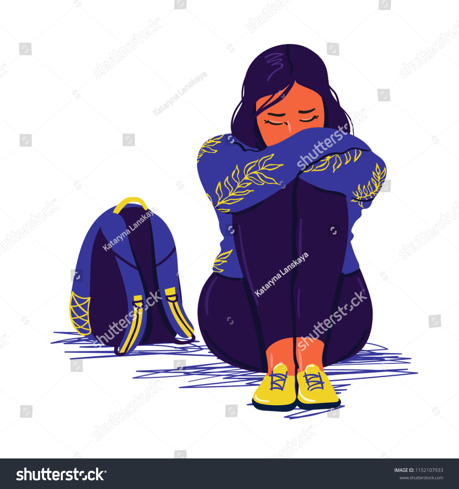 落ち込んだ悲しい女の子が床に座っている 落ち込んだ10代 不幸な悲しい女性とストレスを受けた生徒 クリエイティブなベクターイラスト のベクター画像素材 ロイヤリティフリー