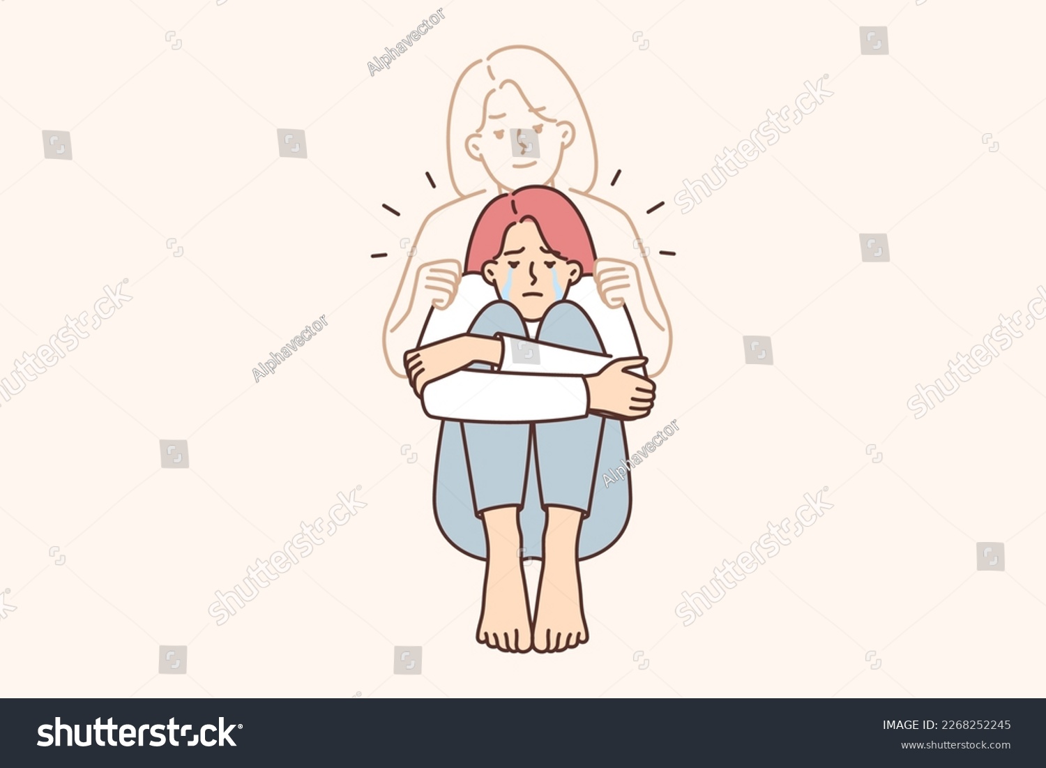 SVG of Depressed woman crying over death of mother or sister grieving over loss and loss of relative after long illness. Spirit of deceased hugs upset girl in need of psychological support related to death svg
