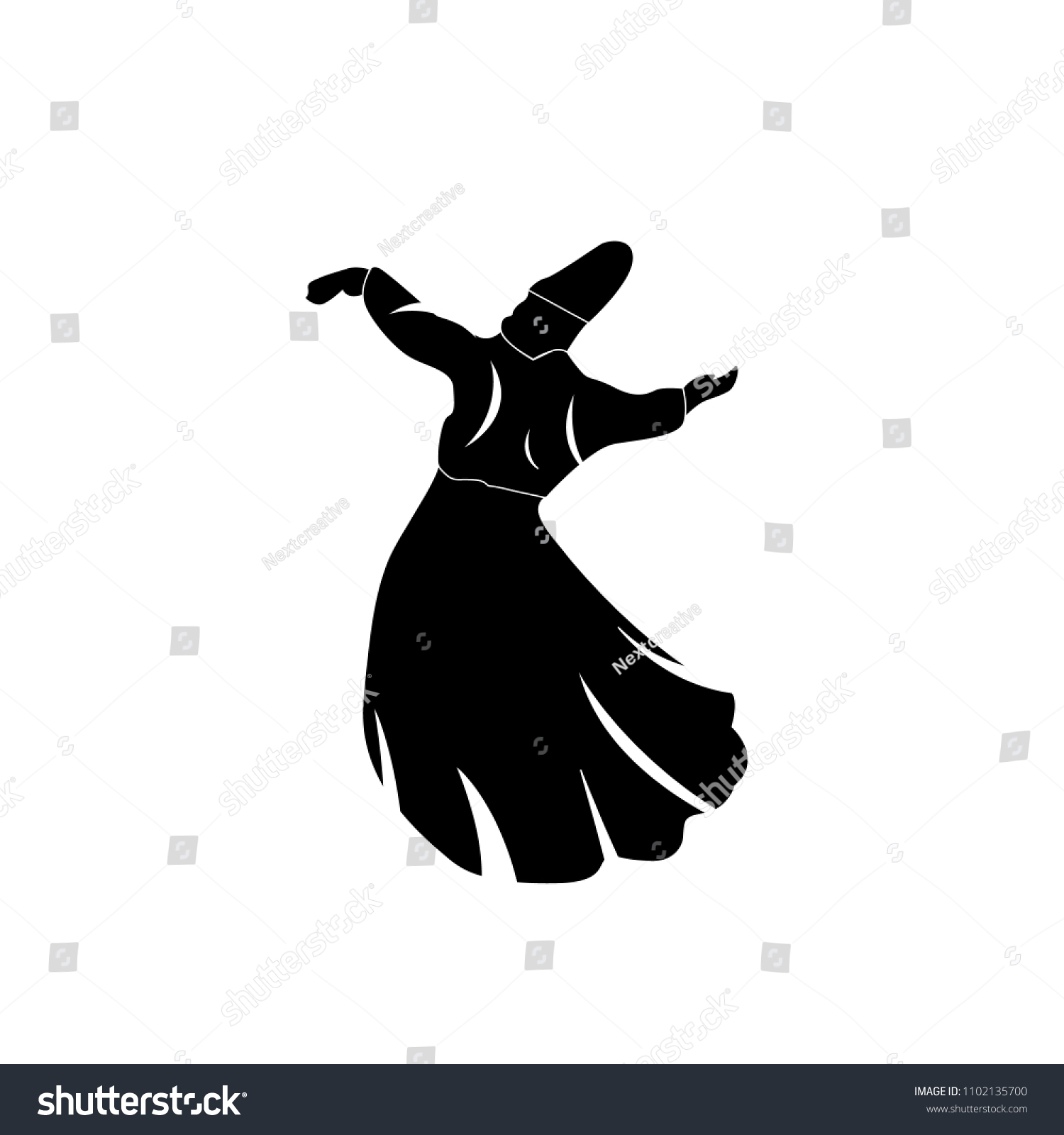 black sufi dancer silhouette, whirling, white background clip art preview