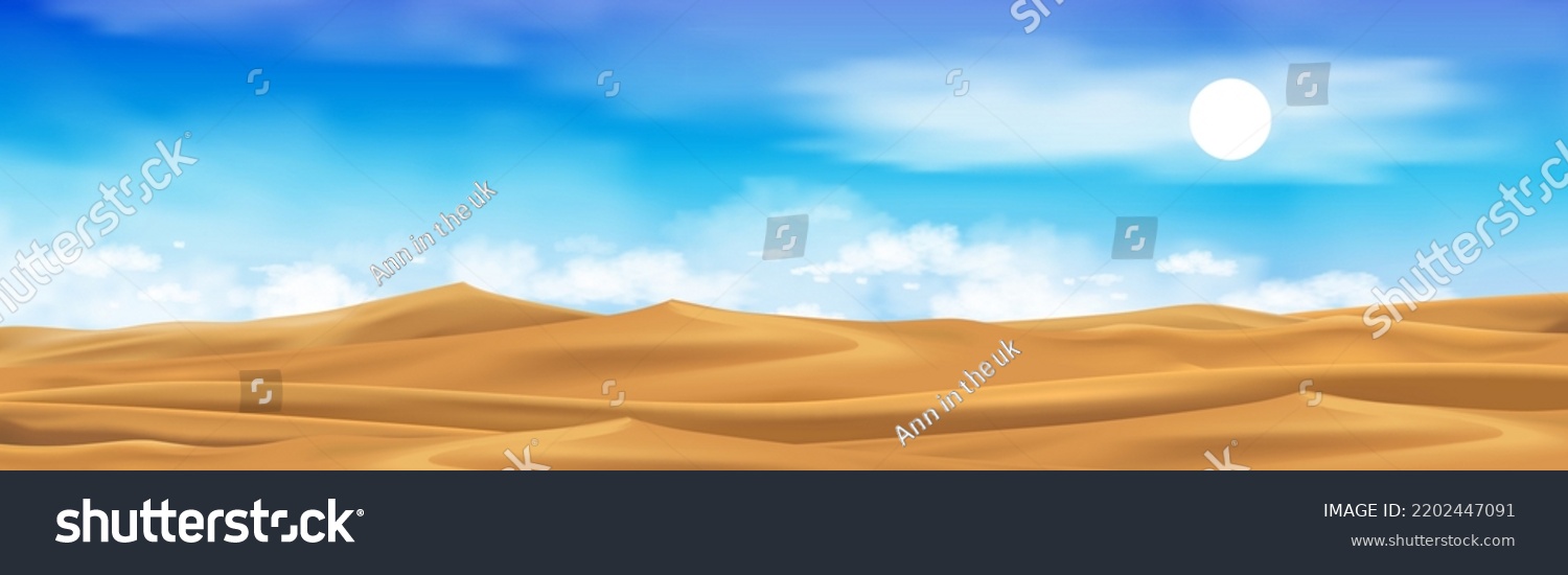 SVG of Desert landscape with golden sand dunes with fluffy clouds blue sky. Vector cartoon hot dry deserted. Horizon beautiful nature background with yellow sandy hills parallax scene in hot sunny day summer svg