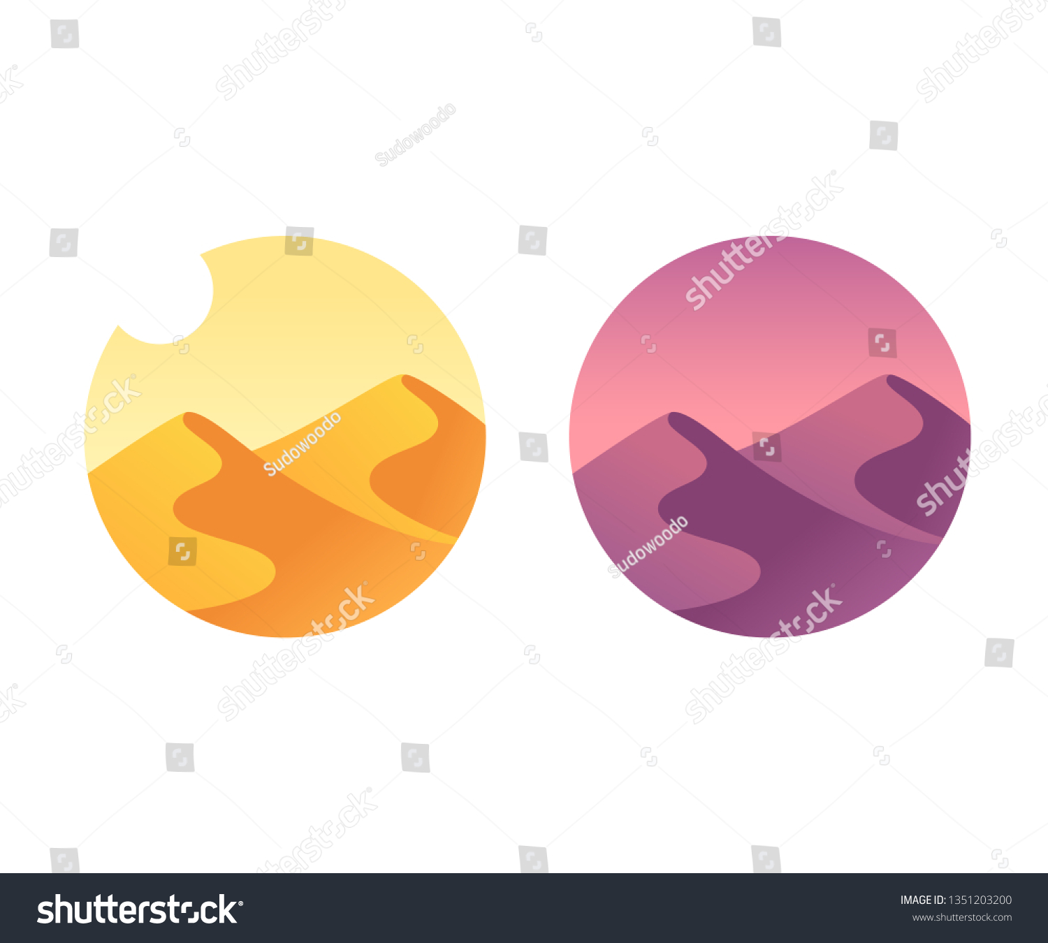 SVG of Desert landscape with sand dunes at sunrise and sunset. Simple scene during day and twilight. Vector illustration. svg