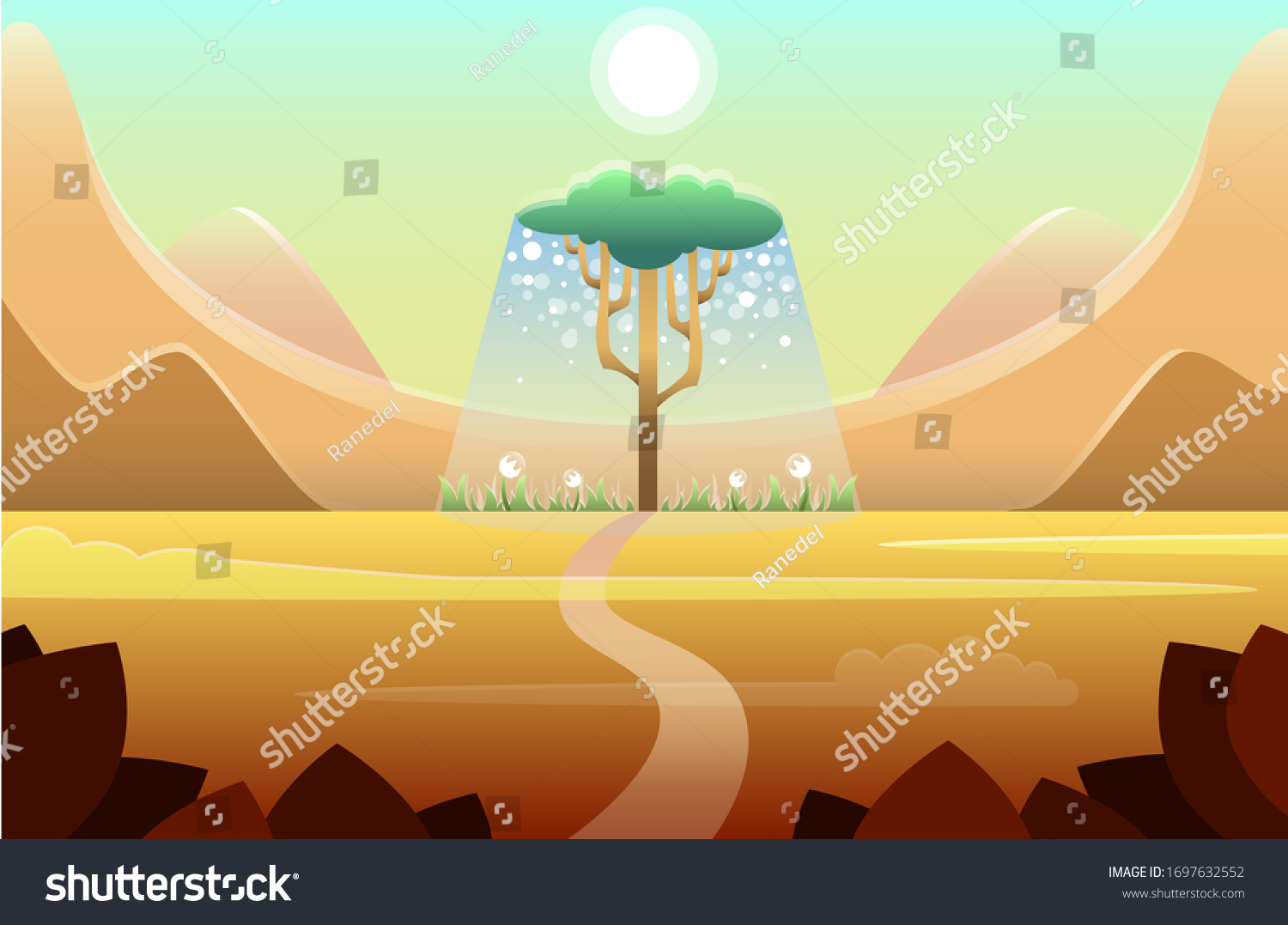 砂漠と緑の木 砂漠のオアシス オアシス 木 草 花を持つ砂漠の風景 茶色の風景 山 丘 木 のベクター画像素材 ロイヤリティフリー