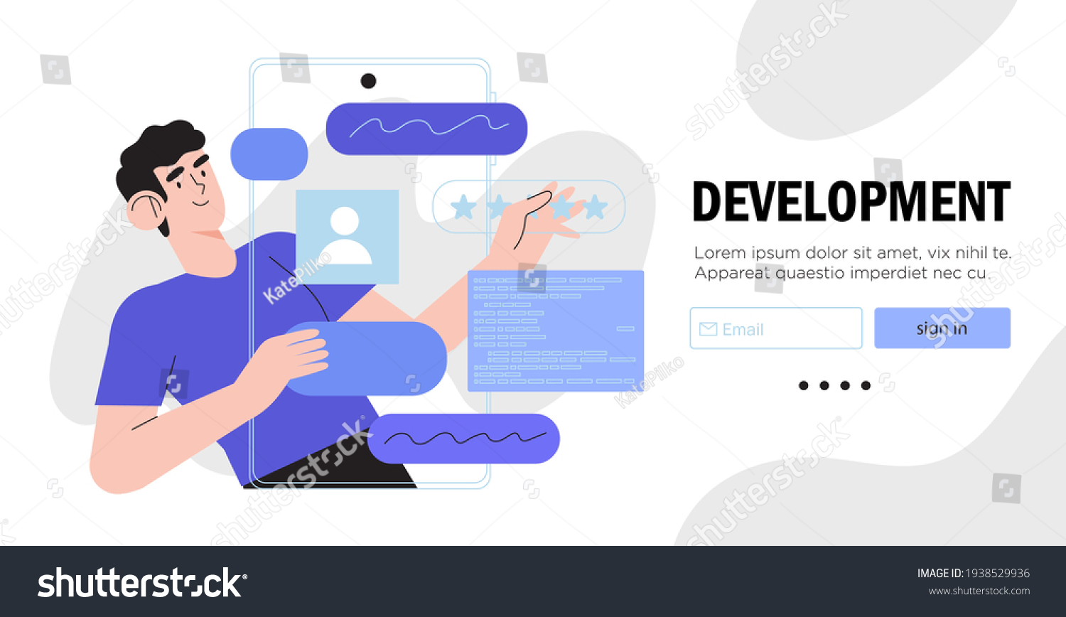 SVG of Design and programming banner, web landing page, advertisement. Designer working on ui ux design or mobile application. Studio or agency prototyping or coding web page or mobile app. Cms development. svg