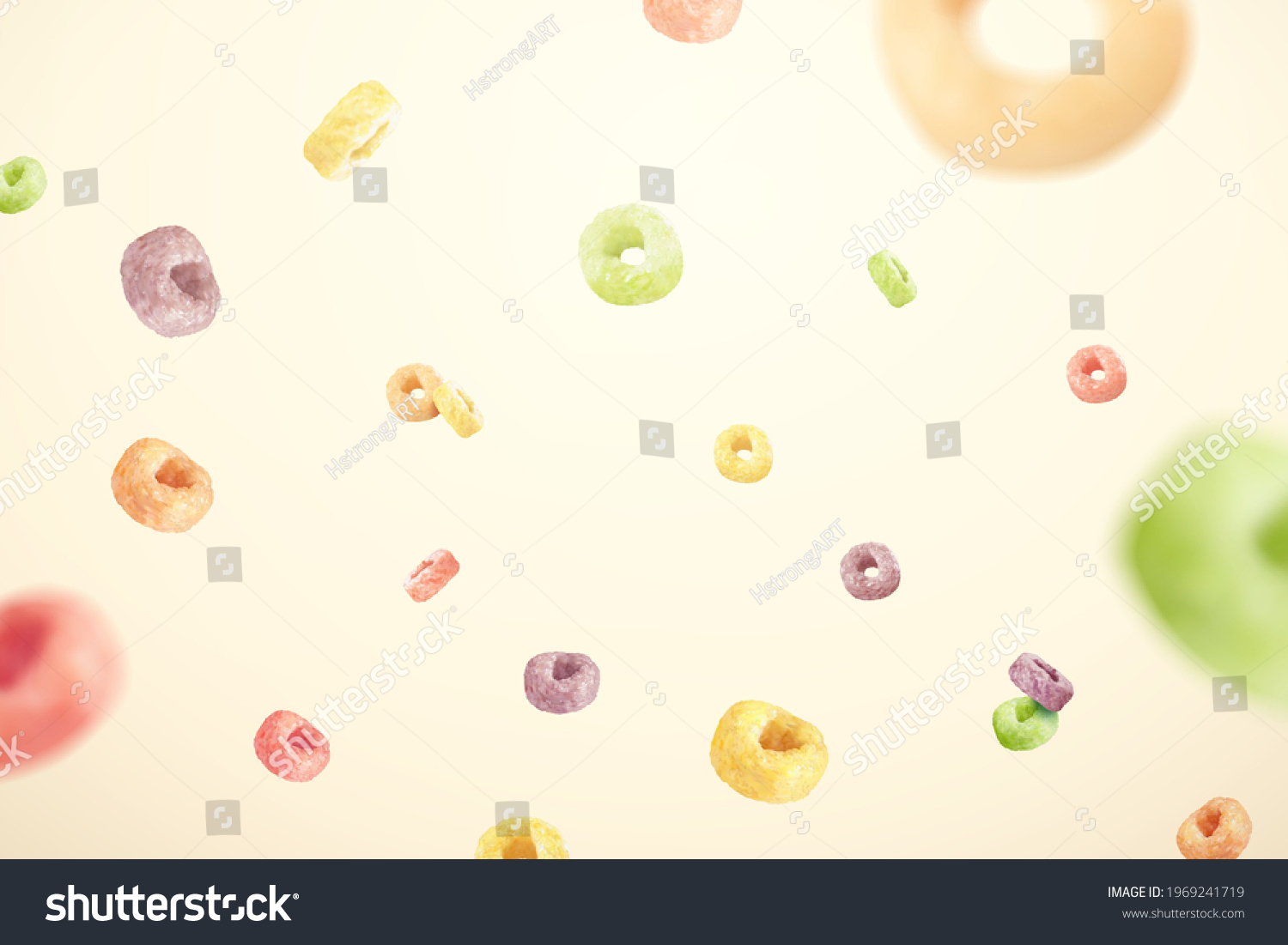 SVG of Design element of colorful ring cereals in 3D illustration. Cereal rings of fresh fruit flavors flying on beige color background. svg