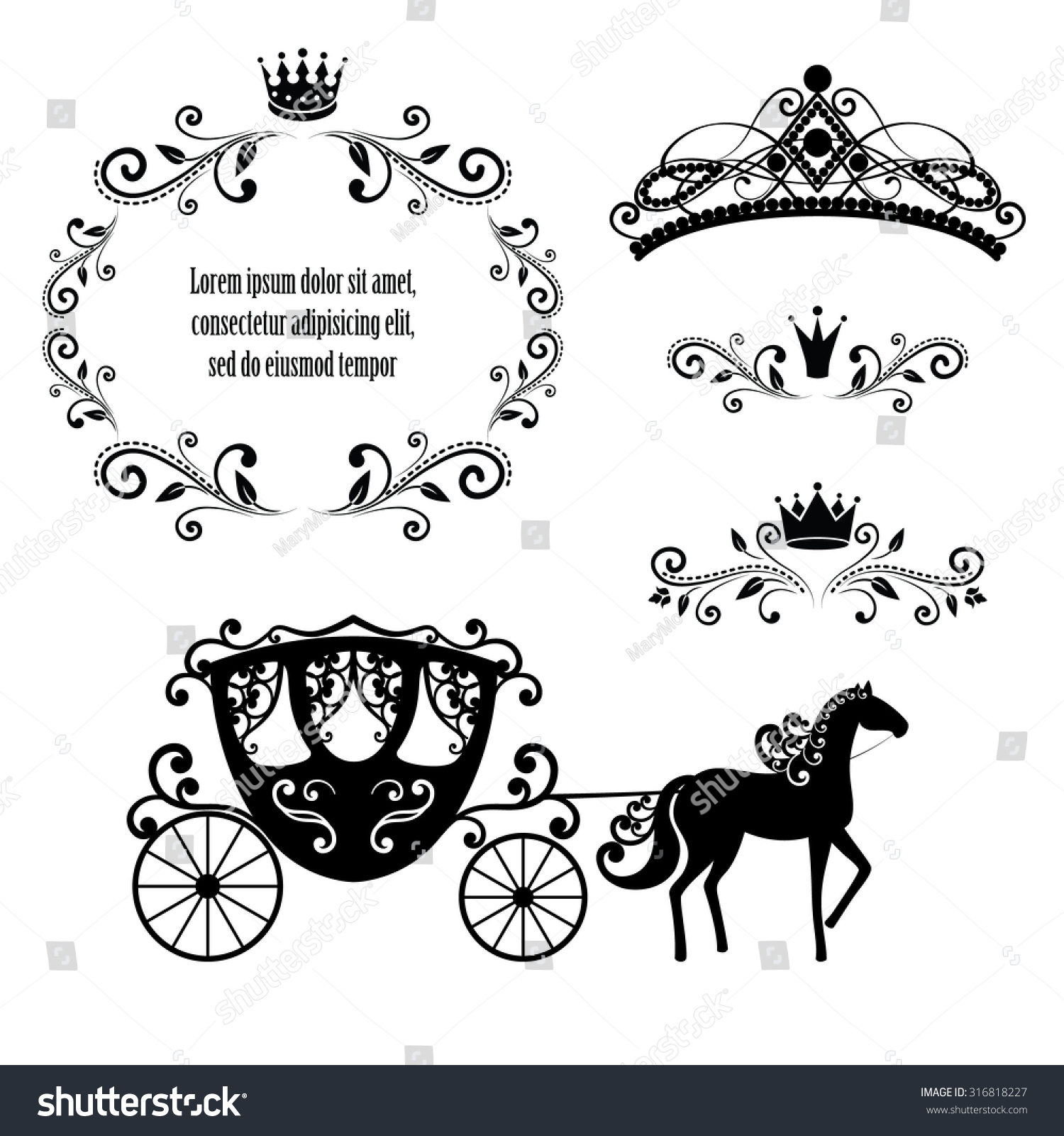SVG of Design elements, vintage royalty frame with crown, ornamental style diadem, carriage in black color. Vector illustration. Isolated on white background. Can use for birthday card, wedding invitations. svg