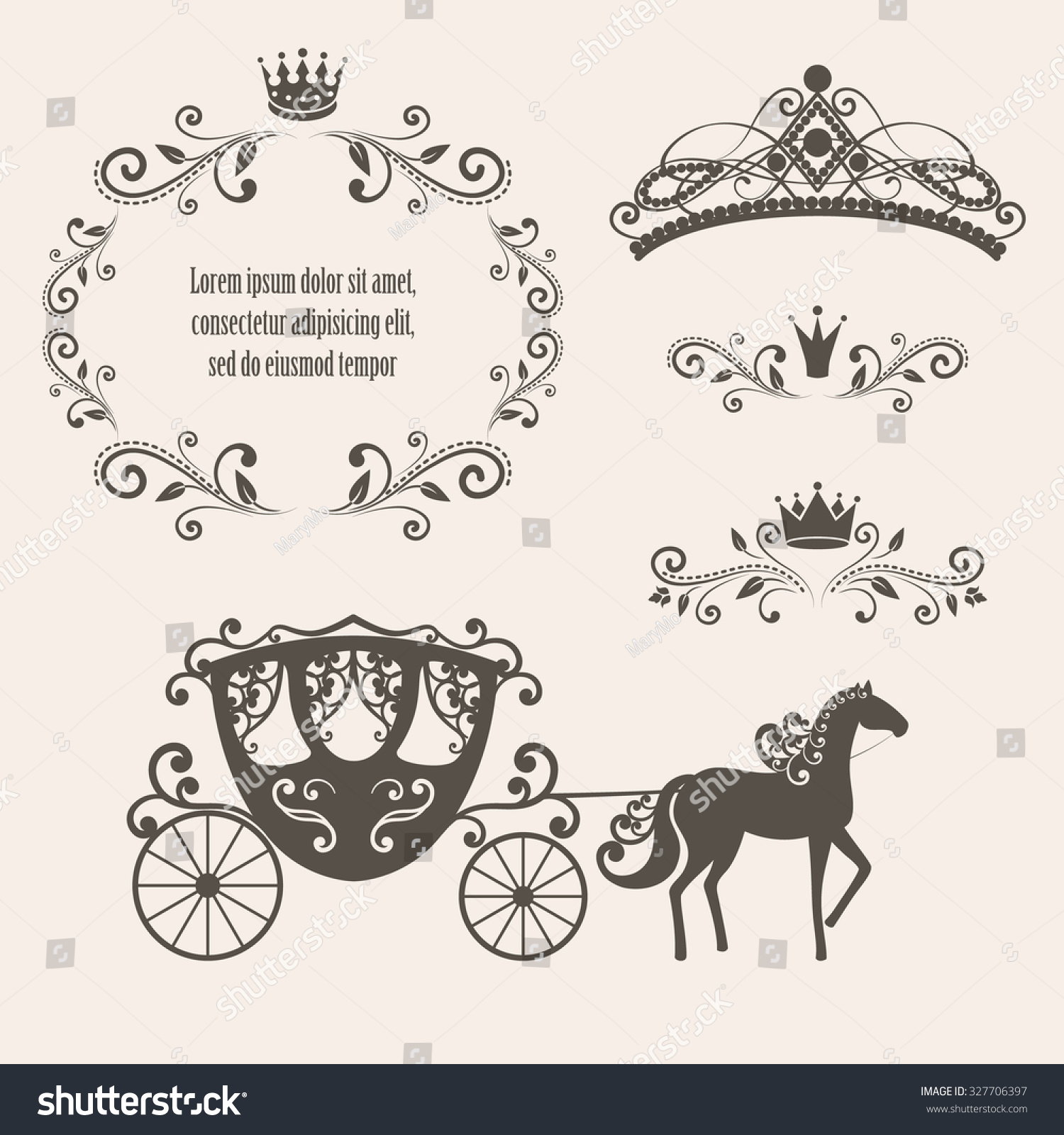 SVG of Design elements, vintage royalty frame with crown, ornamental style diadem, carriage in brown color. Vector illustration. Isolated on beige background. Can use for birthday card, wedding invitations. svg