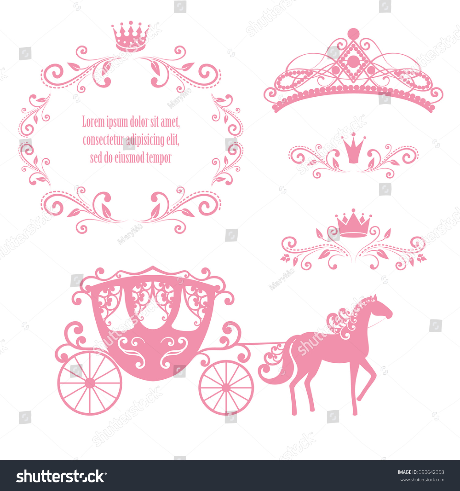 SVG of Design elements, vintage royalty frame with crown, ornamental style diadem, carriage in pink color. Vector illustration. Isolated on white background. Can use for birthday card, wedding invitations. svg