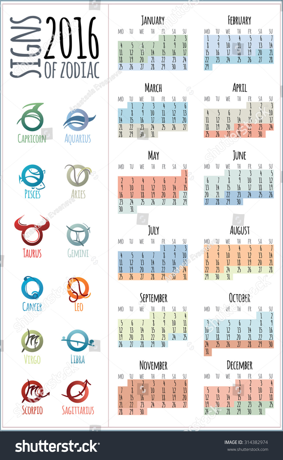 Design European 2016 Year Vector Calendar For Print With Zodiac Symbols ...