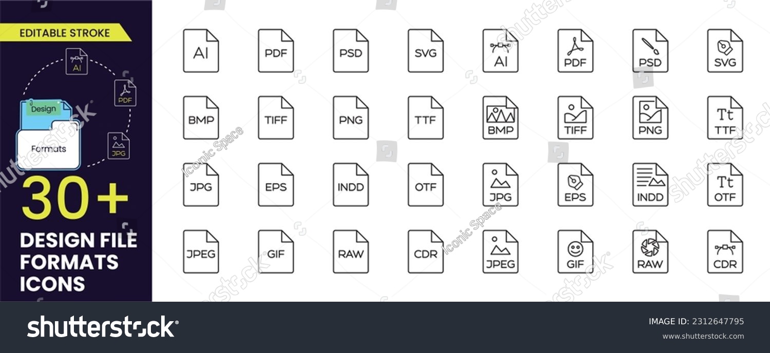 SVG of Design File Formats stroke Icons such as EPS, AI, PDF, RAW, JPG, SVG, PNG, TXT, TIFF, CDR, SVG, INDD, TTF, GIF, BPM, EPS. File type vector line stroke icons collections. svg