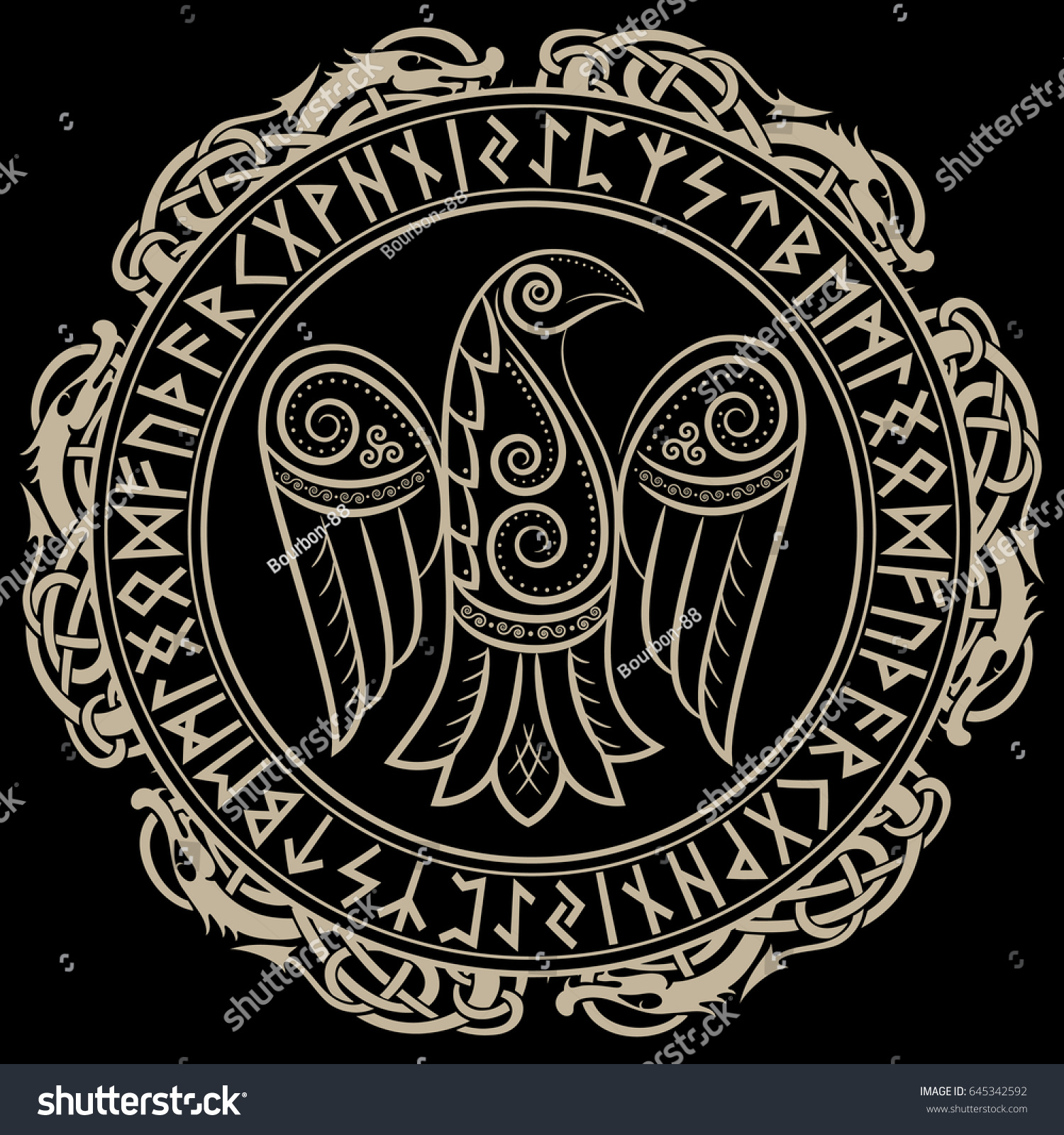 SVG of Design of Raven in Celtic, Scandinavian style and Norse runes, isolated on black, vector illustration svg
