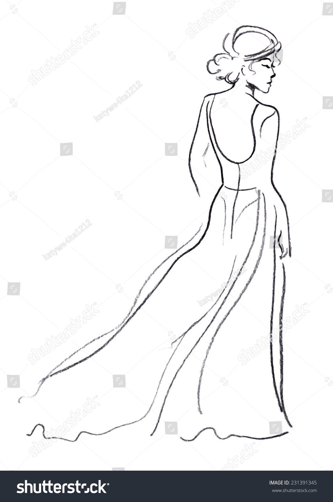 Design Sketch With A Female In A Long Dress Standing Back. Bride. Stock ...