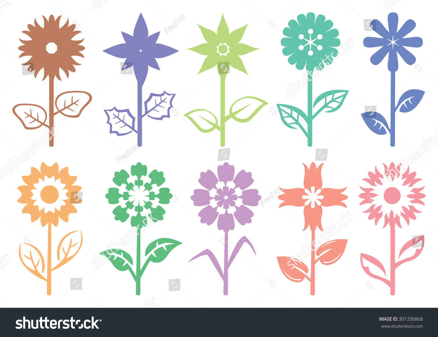 Designs Flowers On Stems Leaves Colorful Stock Vector 301336868