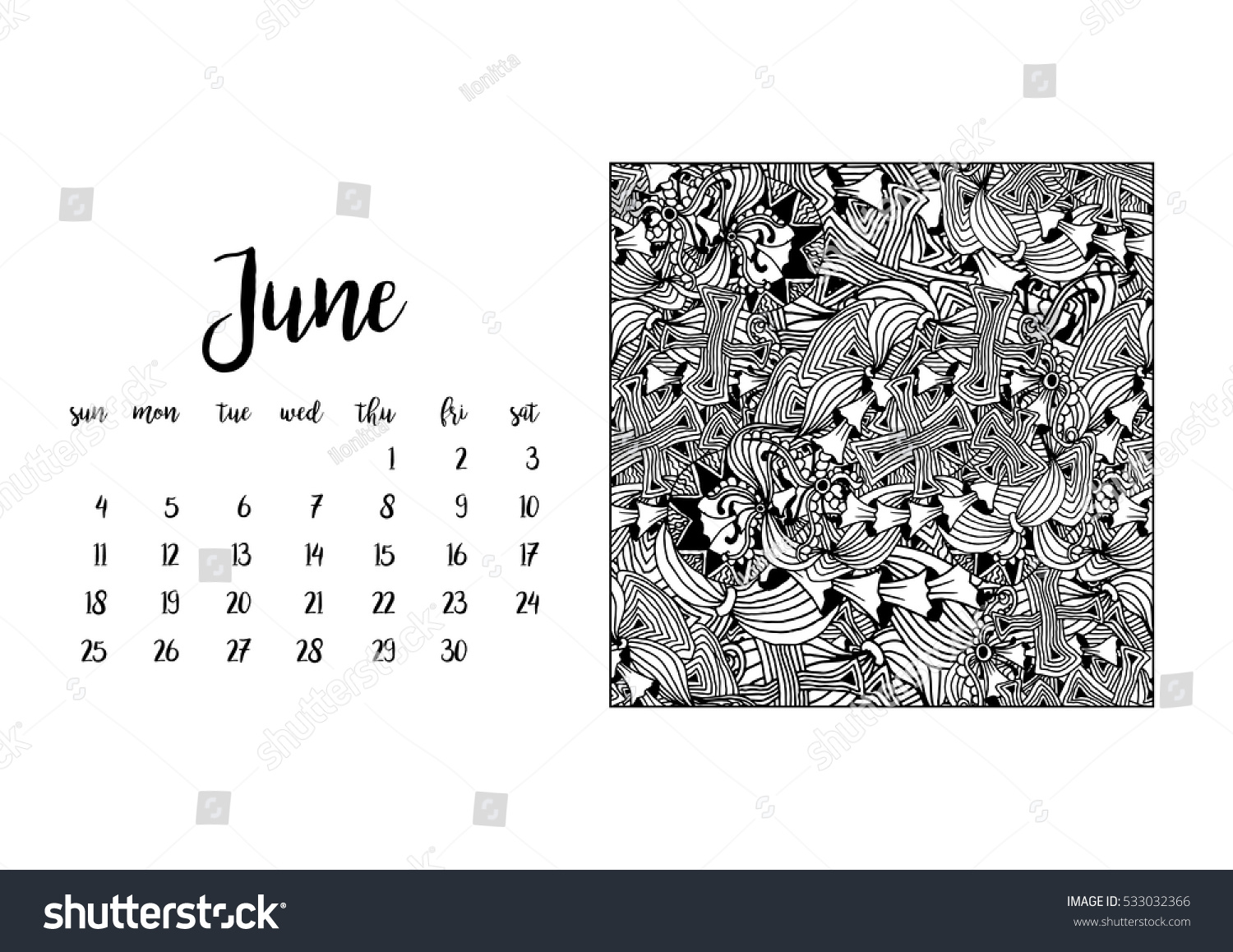 Desk calendar horizontal template 2017 for month June. Week starts Sunday