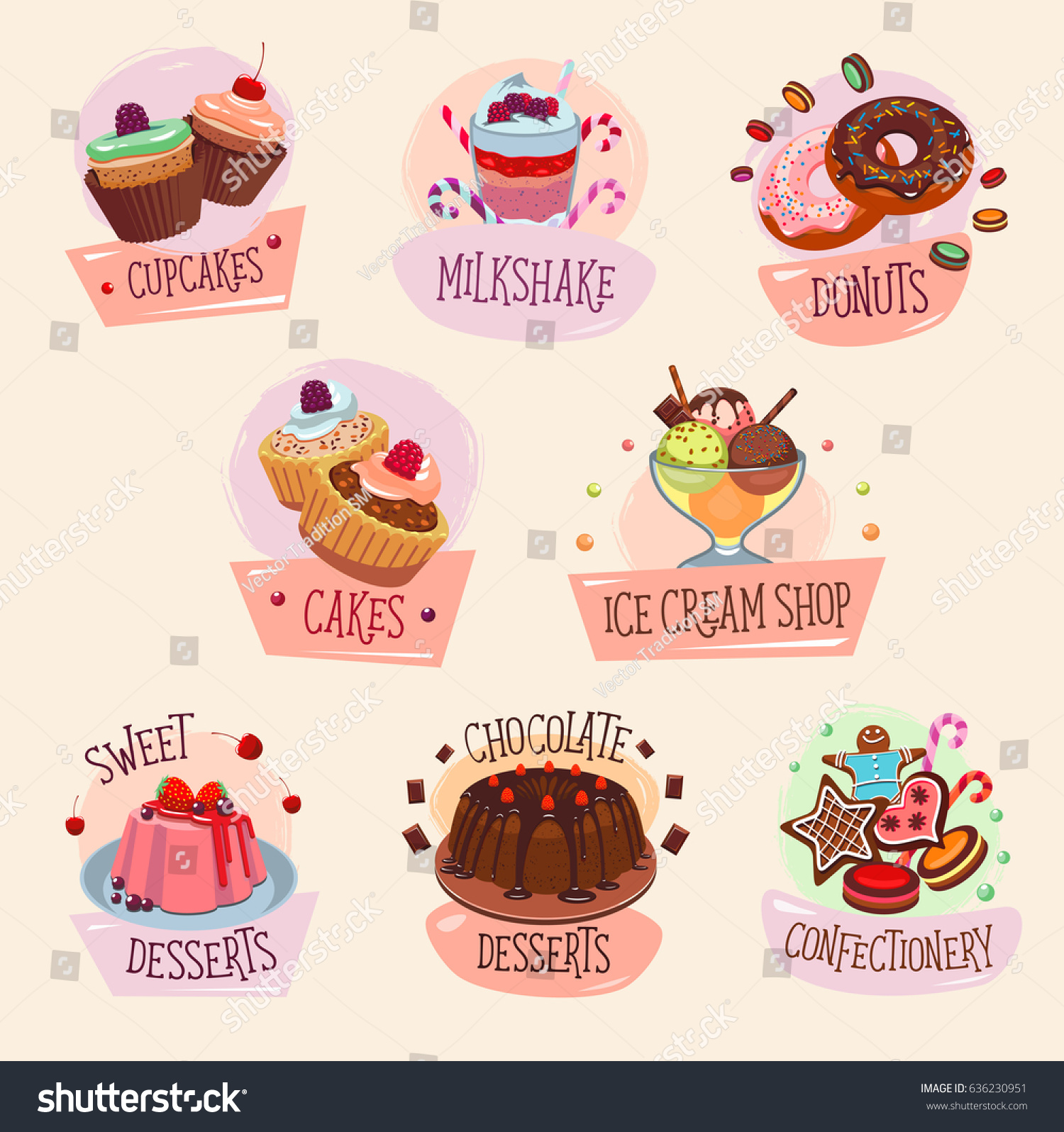 Desserts Pastry Cakes Vector Icons Set Stock Vector 636230951 ...