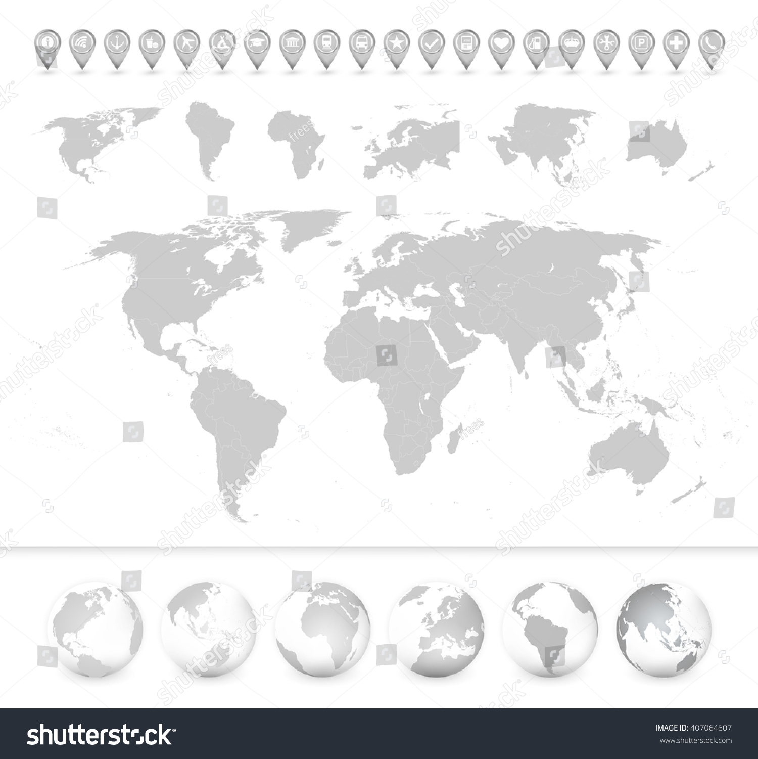 Detailed Blank World Map Continents Globes Stock Vector Royalty Free